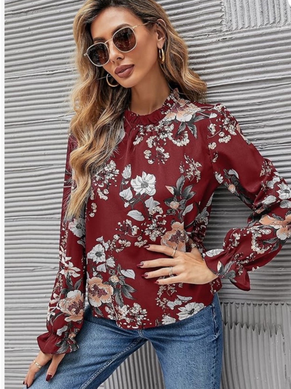 Amazon Burgundy Floral Ruffled Neck Long-Sleeve Blouse